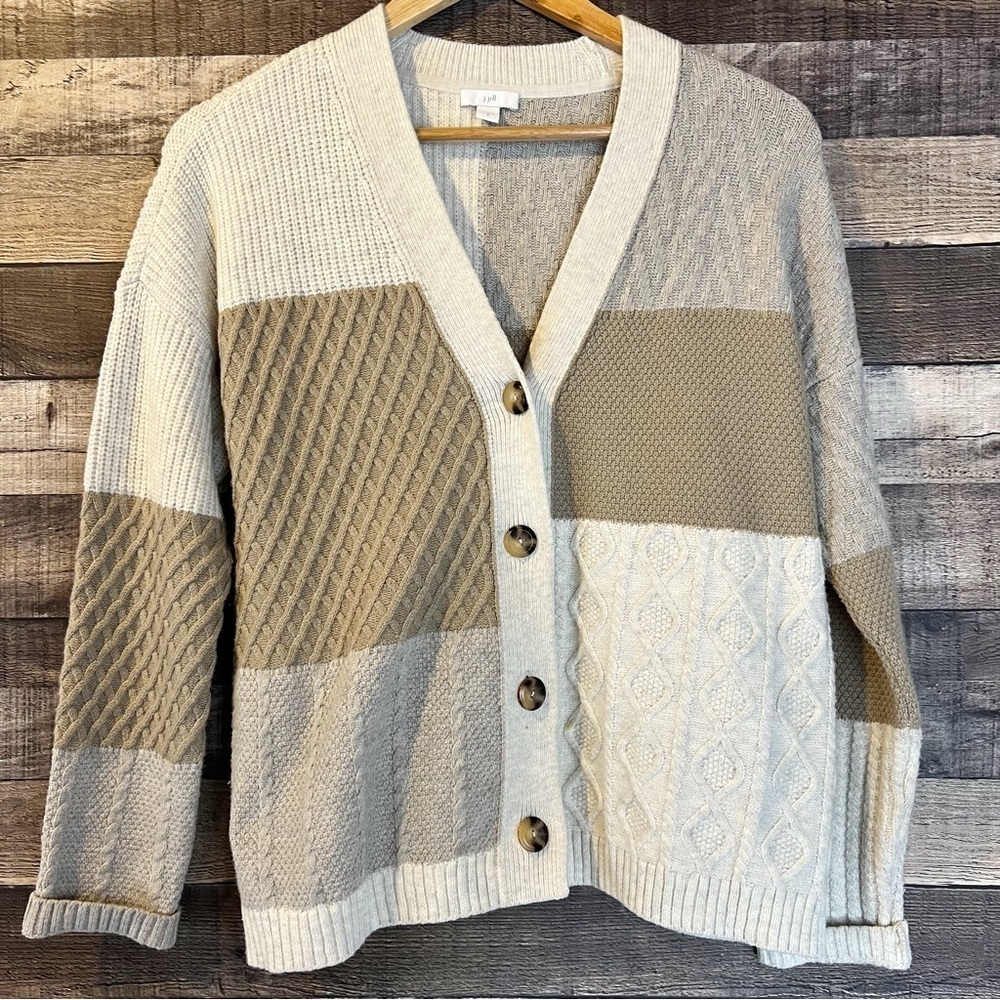 J Jill Neutral Colorblock Cable Knit Cottagecore‎ Fisherman Cardigan Sweater